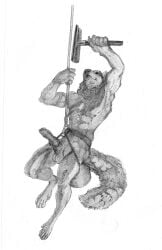 absurd_res animal_genitalia animal_penis anthro balls canid canine canine_genitalia canine_penis exhibitionism genitals harness hi_res knot male male_only mammal momamo muscular muscular_anthro muscular_male mythological_canine mythological_creature mythology penis sheath simple_background solo were werecanid werecanine werewolf