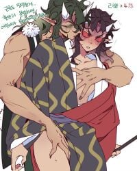 2boys demon demon_boy demon_horns demon_humanoid demon_slayer dominant dominant_male domination green_eyes green_sclera grope groping groping_chest groping_from_behind groping_thigh groping_thighs hantengu horny horny_male japanese japanese_clothes japanese_clothing japanese_male karaku kimetsu_no_yaiba korean_text long_bangs long_hair long_hair_male male male_focus male_only male_penetrating muscles muscular muscular_male older_man_and_younger_boy pointy_ears red_eyes red_sclera sekido sharp_teeth staff submissive submissive_male tan-skinned_male tan_skin translation_request ungungzza upper_moon yaoi