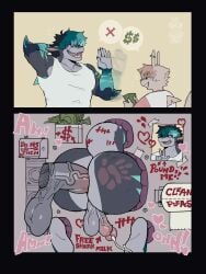 3:4 anal anal_sex anthro balls bodily_fluids body_writing business butt_slap clothing condom condom_wrapper cum duo ear_piercing fish free_use gay gay_male genital_fluids genitals graffiti green_body green_hair hair heart_symbol hi_res kazu_(thatgaysushi) looking_pleasured male male/male marine money money_sign muscular offering_sex penetration photo piercing public_use rejection scar sexual_barrier_device shark shirt slap smile smiling_at_another t-shirt taki_takoyakis tank_top toilet_paper topwear yaoi