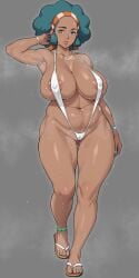 1girls afro aloe_(pokémon) alternate_breast_size anklet areola_slip areolae arm_behind_head arm_up armpits ass_visible_through_thighs bare_shoulders barely_clothed belly blue_eyes blue_hair blue_nails bracelet breasts cameltoe chain_necklace collarbone covered_nipples curvaceous curvy curvy_female curvy_figure dark-skinned_female dark_nipples dark_skin female flip-flops full_body green_hair groin groin_tendon gym_leader headband huge_breasts jewelry large_areolae lenora_(pokemon) looking_at_viewer mature_female milf nail_polish nanabe_78 navel necklace nintendo plump pokemon pokemon_bw puffy_nipples sandals shiny_skin short_hair sidelocks simple_background slingshot_swimsuit standing steam steaming_body stomach sweat swimsuit thick_thighs voluptuous voluptuous_female wet white_swimsuit wide_hips