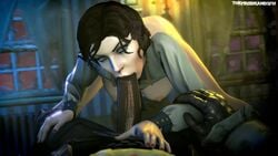 1boy 1girls 3d :>= angry_dragon animated bioshock bioshock_infinite black_hair blue_eyes bottomless breasts dark-skinned_male elizabeth_comstock fellatio female human interracial male nipples open_fly oral penis pov short_hair sound source_filmmaker tagme the_firebrand video