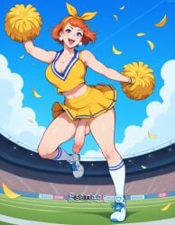 1futa ai_generated big_penis cheerleader cheerleader_uniform dickgirl esendor futanari hands_up happy jumping penis_out pom_poms solo stable_diffusion stadium testicles