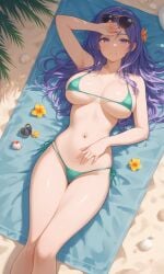 1girl ai_generated bathing beach big_breasts curvy eyewear_on_head female long_hair lying_on_back micro_bikini midriff navel original_character pale_skin purple_eyes purple_hair sand sunbathing sunglasses suntan thong_bikini towel