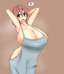 aen030 armpits arms_behind_head bare_shoulders body_heat breasts brown_eyes brown_hair cleavage collarbone cowboy_shot curvy female female_focus gigantic_breasts gradient_background grey_overalls hakurei_reimu heart high_ponytail highres huge_breasts kureha_reimu looking_at_viewer motion_lines naked_overalls no_bra no_panties overalls sideboob simple_background solo spoken_heart standing steam touhou wide_hips yukkuri_to_rooru_suru_trpg