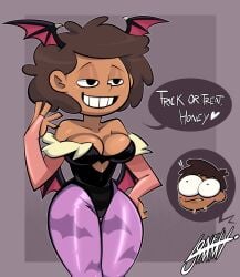 amphibia autart bee_boonchuy blush breasts cleavage clothed clothing cosplay darkstalkers disney halloween halloween_costume heart hips holidays lonelyjimmy2 milf morrigan_aensland_(cosplay) mr._boonchuy mrs._boonchuy oum_boonchuy wide_hips