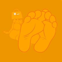 2015 3ds animate_inanimate anthro barefoot breasts cleavage feet female foot_focus humanoid humanoid_feet looking_at_viewer nintendo orange_background orange_skin orange_theme pinksundae shopping_bag shopping_bag_(3ds) soles solo toes toony video_games wink