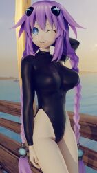 1girls 3d arm_behind_head beach big_breasts breasts busty confident female female_only large_breasts long_hair looking_at_viewer neptunia_(series) ocean one_eye_closed open_mouth pose posing purple_hair purple_heart_(neptunia) sensual sexy_pose smile swimsuit twin_braids voluptuous water wink