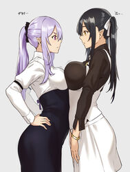 2girls bangle black_hair black_shirt black_skirt bouncing_breasts bracelet breast_press breasts collared_shirt elf elf_(houtengeki) eye_contact female female_only from_side frown hair_ribbon hand_on_hip houtengeki jewelry large_breasts long_sleeves looking_at_another medium_breasts multiple_girls original pink_eyes pink_hair pointy_ears ponytail profile ribbon shirt simple_background skirt standing twintails white_shirt white_skirt wing_collar yellow_eyes