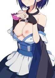 bare_shoulders blue_hair breasts closed_mouth dress eyes_out_of_frame female fujishima_mikoto gloves head_out_of_frame highres morisobo nipples obi sash short_hair simple_background single_glove solo sweat white_background wide_sleeves wixoss