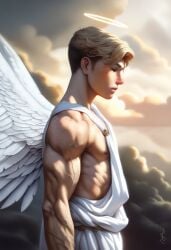 1boy 2024 ai_generated angel angel_wings athletic_male avaru biceps blonde_hair closed_eyes cloud freckles halo human human_only male male_focus male_only muscular muscular_male toga wings