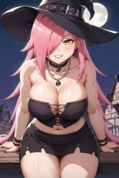 1girls ai_generated breasts halloween halloween_costume long_hair looking_at_viewer night nude_female outdoors pink_hair public solo_female tagme thighs tupadrev4 virtual_youtuber witch witch_costume witch_hat yellow_eyes