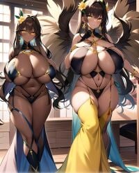 2girls ai_generated angel angel_girl angel_wings arms_behind_back belly_button big_breasts bikini_top black_hair breast breasts_bigger_than_head brown_hair brown_hair_female brown_skin brown_skinned_female brunette_hair curvaceous curvy curvy_body curvy_female curvy_figure dark-skinned_female dark_skin ear_piercing earrings female female_focus female_only flower flower_in_hair flowers glowing_eyes gold gold_(metal) gold_eyes gold_jewelry gold_trim golden_eyes hand_behind_back hand_on_breast hand_on_chest holy huge_breasts jewelry large_breasts legwear lingerie long_hair looking_at_viewer mature_female milf mommy mommy_kink mother mother_and_daughter pierced_ears smile smiling smiling_at_viewer standing tall_female tan_body tan_skin tease teasing thee_voiid top_heavy topwear window yellow_eyes