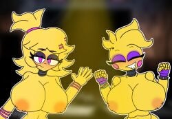 big_breasts blushed bracelet breasts_bigger_than_head chiku chiku_(cryptia) female female_only five_nights_at_freddy's hyper_breasts looking_at_viewer medium_hair naked nipples nude purple_eyes purple_gloves short_hair smiling toy_chica_(eroticphobia) toy_chica_(fnaf) verdoshonsfw waving yellow_hair yellow_skin