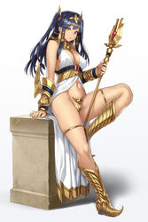 black_hair boots breasts c-string egyptian female female_only gold heterochromia horus_(houtengeki) houtengeki jewelry large_breasts long_hair looking_at_viewer navel original red_eyes simple_background sitting solo staff twintails white_background yellow_eyes