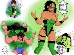 amazon amazonian ben_10 ben_tennyson ben_tennyson_(alien_force) black_hair blush blush cleavage dc dc_comics deep_cleavage dialogue diana_prince female_focus gender_transformation genderswap_(mtf) green_eyes hourglass_figure jmermelade leotard male_to_female omnitrix rule_63 thick_ass thick_thighs thighhighs thighs tiara transformation transformation_sequence tsf vilgax wide_hips wonder_woman