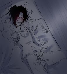 1boy bedroom bite_mark black_hair blush bottomless bottomless_male cum cumming_from_masturbation ejaculation gertrude_schwartz(melancholyangel07) jerkingoff male male_moaning male_only masturbating_to_person masturbation moaning moaning_name original original_character pantsless scratches self_bite sex_toy skinny toony vibrator_in_ass