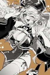 breasts cleavage granblue_fantasy greyscale jiangshi_costume monochrome nail_polish rakko-chan_genkou-chuu satyr_(granblue_fantasy) satyr_(halloween)_(granblue_fantasy)