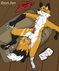 absurd_res animal_genitalia anthro balls bodily_fluids bubble canid canine claws clothing clothing_aside cum cum_bubble cum_on_body cum_on_face cum_on_feet cum_on_fur cum_on_furniture cum_on_self digitigrade digitigrade_anthro feet fluffy fluffy_tail fox furniture genital_fluids genitals green_eyes hi_res high-angle_view knot knotted_penis lying male mammal nude on_back penis red_penis sheath sofa solo sys_bps tail toe_claws