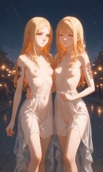 2girls ai_generated bangs blonde_hair breasts covered_nipples dress female identical_twins navel nose_piercing original_character pale_skin petite red_eyes see-through see-through_clothing septum_piercing skinny small_breasts tattoo topless translucent_clothing twins