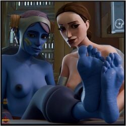 2girls 3d alien barefoot blue_skin breasts brown_hair feet female foot_fetish nipples padme_amidala pantoran purple_hair pussy riyo_chuchi snafusevsix star_wars