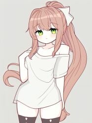 ai_generated baggy_clothing baggy_shirt bangs black_thighhighs blush clothed coral_brown_hair doki_doki_literature_club female green_eyes happy looking_at_viewer monika_(doki_doki_literature_club) pixai ponytail shoulder_slip simple_background smile solo thighhighs white_shirt