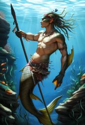 2024 ai_generated avaru fins fish fish_tail green_scales human male male_focus male_only merfolk merman muscular_male mythological_creature mythology navel necklace nipples pointy_ears spear tribal tribal_jewelry underwater webbed_hands