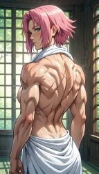 after_shower ai_generated muscular muscular_back muscular_female naruto naruto_(series) naruto_shippuden partially_transparent sakura_haruno scar scars scars_on_back scars_on_body sideboob topless towel_around_neck towel_around_waist towel_only