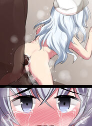 1boy 1boy1girl all_fours anal ass blue_eyes crying crying_with_eyes_open cum cum_in_pussy dark-skinned_male doggy_style eyebrows_visible_through_hair female flat_cap hat hibiki_(kantai_collection) kantai_collection kasuki_masato long_hair male/female open_mouth penis saliva sex silver_hair solo_focus straight sweat tears trembling verniy_(kantai_collection) white_hat