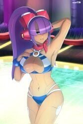 1girls big_breasts bikini blue_swimsuit green_eyes hair_over_one_eye hand_on_breast hand_on_head layer mega_man mega_man_x mega_man_x_dive pool purple_hair robarts_hallway robot_girl swimsuit