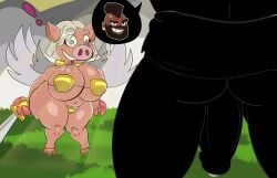 absurd_res armor ass battle_healer_(clash_royale) big_breasts big_butt blue_eyes bodily_fluids breasts clash_(series) clash_of_clans clash_royale clothed clothing cloud domestic_pig dripping duo exclamation_point eyelashes female genital_fluids genitals grass grey_hair hair hi_res hog_rider_(clash_of_clans) holding_object holding_weapon hooves human humanoid humanoid_genitalia humanoid_penis light light_beam looking_at_another looking_at_genitalia looking_at_penis male male/female mammal melee_weapon partially_clothed penis pink_body plant precum precum_drip presenting presenting_penis royal_hog shadow simple_background sky skyscape speech_bubble suid suina sunbeam sunlight surprise surprised_expression sus_(pig) sword thick_thighs toony tusks unconvincing_armor vivalex weapon wide_eyed wild_boar wings