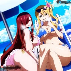 2girls ai_generated beach beach_chair beach_umbrella big_ass big_breasts bikini blonde_hair brown_eyes clouds curvy curvy_figure erza_scarlet fairy_tail flower_in_hair hand_on_mouth juanpiamvs laying_down legs_together long_hair lucy_heartfilia patreon patreon_username ponytail red_hair sitting sitting_on_chair sky subscribestar subscribestar_username sunglasses sunglasses_on_head sweatdrop watermark