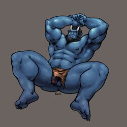 abs anus balls beard big_thighs blue_oni captaingerbear clothing facial_hair feet horn humanoid_feet huskular jewelry loincloth looking_at_viewer male male_only muscular nipples oni pecs penis plantigrade presenting reclining soles solo tusks