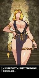 amused baldur_89 big_breasts big_thighs bigger_female blonde_female blonde_hair dialogue dominant_female elden_ring fromsoftware front_view gate_of_divinity goddess looking_at_viewer pixel_art queen_marika_the_eternal shadow_of_the_erdtree talking_to_viewer taller_girl thick_legs thick_thighs walking