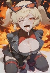 1girls ai_generated blonde_hair blush burnice_white civitai cleavage cum cum_in_mouth cum_on_breasts cum_on_face cum_on_tongue facial female fire happy kneeling large_breasts lidded_eyes open_mouth smile tongue tongue_out wink winking_at_viewer zenless_zone_zero