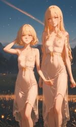 2girls ai_generated bangs blonde_hair covered_nipples dress female identical_twins navel nose_piercing original_character pale_skin petite red_eyes see-through see-through_clothing septum_piercing skinny small_breasts tattoo translucent_clothing twins