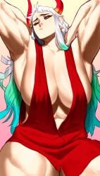 arms_up athletic big_breasts dress female female_only horns muscular one_piece red_dress sotcho yamato_(one_piece)