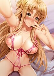 1girls armpits bangs bed_sheet blonde_hair blush bra breasts brown_eyes closed_mouth crotchless_panties embarrassed female female_only janong large_breasts long_hair looking_at_viewer navel nippleless_clothes nipples one_arm_up panties pink_bra pink_panties pink_ribbon pointy_chin ribbon self_shot sitting smile solo sword_art_online thighs underwear vagina yuuki_asuna