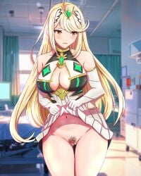 1girls anime_nose blonde_female blonde_hair blush bottomless_dress bottomless_female bottomless_skirt clit_rose commissioner_upload female female_only genital_modification hikari_(xenoblade_2) koutzel_art looking_away mythra mythra_(xenoblade) nervous presenting_pussy shy_expression xenoblade xenoblade_chronicles_2 yellow_eyes