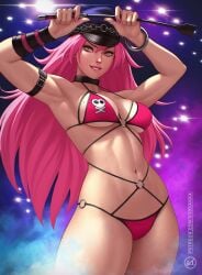 1girls abs armband arms_up armwear biting_lip cap capcom choker final_fight long_hair looking_at_viewer military_hat pink_hair poison_(final_fight) skimpy_bikini skindentation street_fighter street_fighter_6 strong_woman suddakka swimsuit swimwear