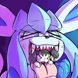 2024 ambiguous_gender black_body black_fur blue_body blue_ears blue_eyes blue_fur bodily_fluids canid drooling duo eeveelution emolga fur generation_3_pokemon generation_4_pokemon generation_5_pokemon glaceon lodetail mammal mawplay nintendo open_mouth pokemon pokemon_(species) saliva shaded sharp_teeth size_difference tassels teeth vore