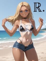 ai_generated ass big_ass big_thighs blonde_hair choker denim_shorts female realor small_waist solo summer tan_body tanline