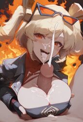 1girls ai_generated blonde_hair blush burnice_white civitai cleavage cum cum_in_mouth cum_on_breasts cum_on_face cum_on_tongue facial female fire happy large_breasts open_mouth paizuri smile tongue tongue_out yercyu zenless_zone_zero