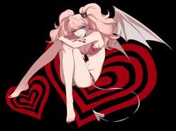 absurdres bangs bare_arms bare_legs bare_shoulders barefoot bear_hair_ornament bikini blue_eyes breasts cleavage closed_mouth collarbone danganronpa demon demon_girl demon_horns demon_tail demon_wings eyebrows_visible_through_hair feet female fingernails full_body groin gyaru hair_ornament heart highres horns junko_enoshima knees_to_chest large_breasts leg_hug long_fingernails long_hair looking_at_viewer midriff nail_polish navel pink_bikini pink_hair pink_lips print_bikini red_nails sharp_fingernails side-tie_bikini sitting solo spread_wings stomach straight_hair succubus super_danganronpa_2 swimsuit tail toenail_polish toenails toes twintails wings yolk_tomatosauce