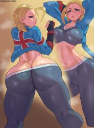 1girls ass blonde_hair blue_eyes breasts cammy_white female female_only freddyhalloween large_breasts light-skinned_female light_skin midriff scar solo street_fighter thick_thighs thighs wahuku18 wide_hips