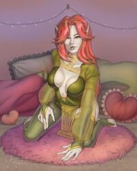 1futa 1futanari arm_support bedroom big_breasts breasts breasts_covered calm collarbone collared_dress collared_shirt colorized decensored earrings eitur_aroka elf elf_ears elf_female elf_futanari eyebrows flaccid futanari gold_clothing green_clothing green_eyes grey_skin high_resolution highres indoors invitation inviting jewelry leaning_forward long_hair looking_at_viewer medium_breasts no_visible_genitalia partially_clothed pierced_ears piercing piercings pillow pillows red_hair sadistic_smile seducing seducing_viewer self_upload signature sitting sitting_on_floor smile smiling smirk smug solo solo_futa spread_legs tagme textless thighhighs viewed_from_front white_skin wolfcut