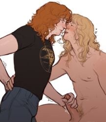 2boys blonde_hair clothed_male curly_hair dave_mustaine gay ginger_hair handjob heart james_hetfield jdev534115 long_hair_male male_only megadeth metallica musician nude_male orange_hair real_person venom_(band) yaoi