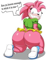 1girls amy_rose anthro ass big_ass bottom_heavy breasts bubble_butt classic_amy_rose clothing crazy crazy_eyes crazy_smile dat_ass dialogue fat_ass female female_only green_eyes huge_ass kneeling large_ass looking_at_viewer looking_back mechspazer no_panties on_knees pink_body pink_hair png shirt shoes skirt solo sonic_(series) sonic_the_hedgehog_(series) talking_to_viewer text thick_ass thick_thighs upskirt white_background wide_hips