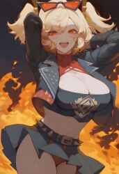 1girls ai_generated blonde_hair blush burnice_white civitai cleavage female fire happy large_breasts open_mouth smile yercyu zenless_zone_zero