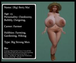 1girl bbw betty_mai big_breasts big_girl big_hips big_nipples character_sheet farmer farmgirl fat ginger ginger_hair hairy_pussy massive_breasts nude nude_female original_character sim_doe sims4 thick_thighs young_female