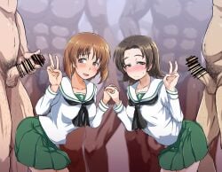 2girls 5boys blush breasts brown_eyes brown_hair censored clothed_female_nude_male girls_und_panzer holding_hands kabutowari large_breasts nishizumi_miho ooarai_school_uniform penis pubic_hair sawa_azusa straight sweat v_sign